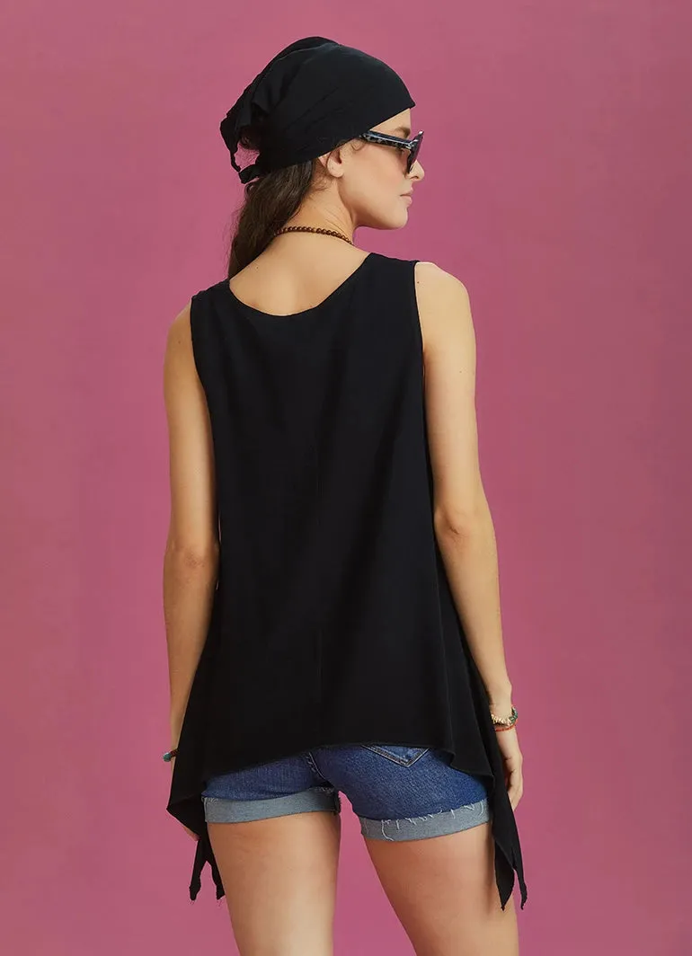 Long Boat Neck Black Blouse with Slit Detail on the Sides