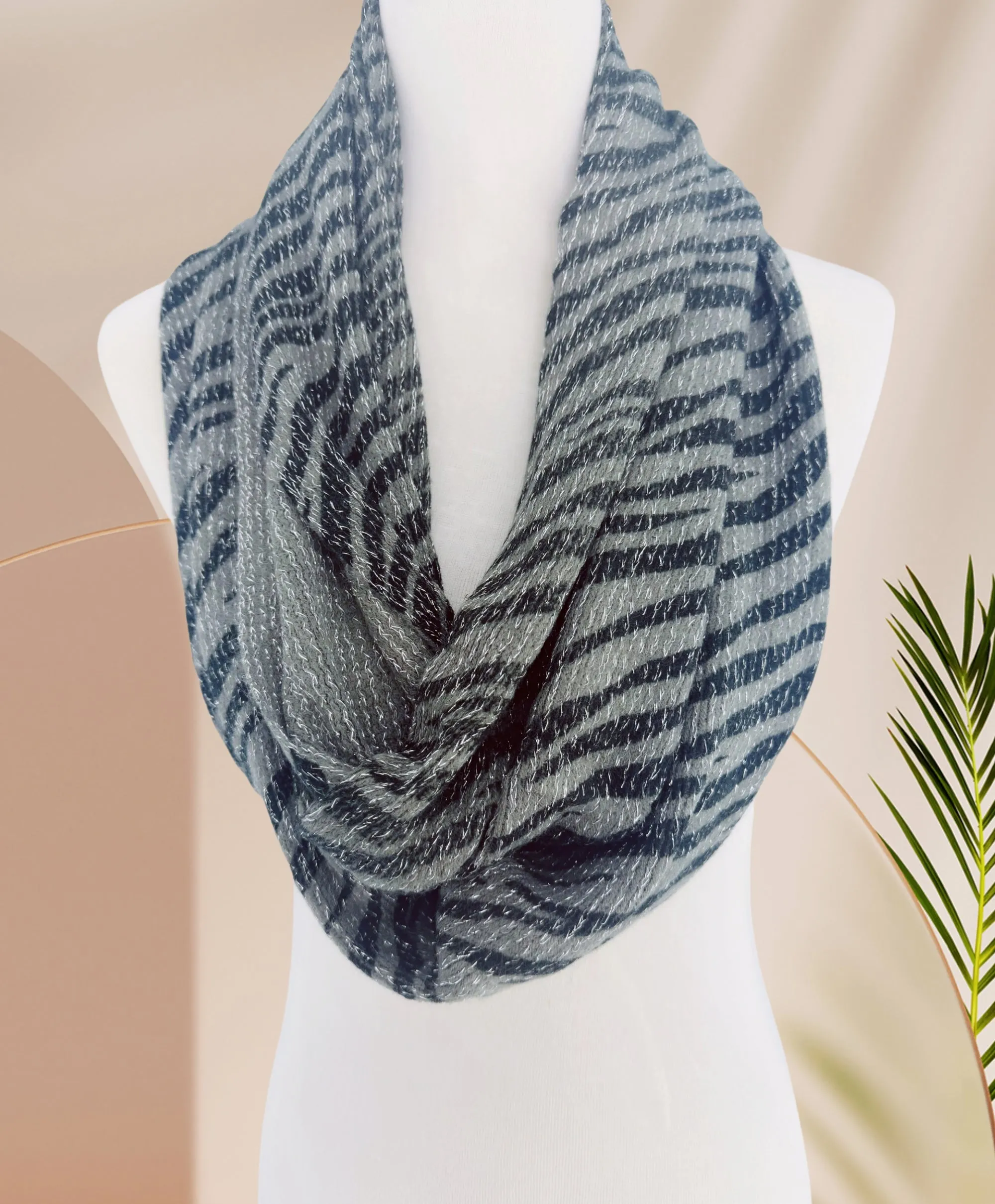 Long Gray Zebra-Patterned Knitted Scarf with Sparkling Metallic Silver Threads