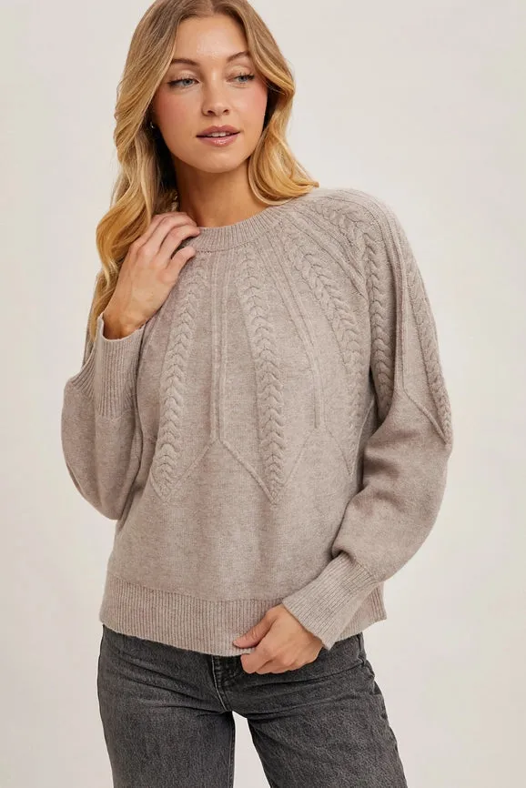 Long Sleeve Crew Neck Cable Knit Sweater MUSHROOM