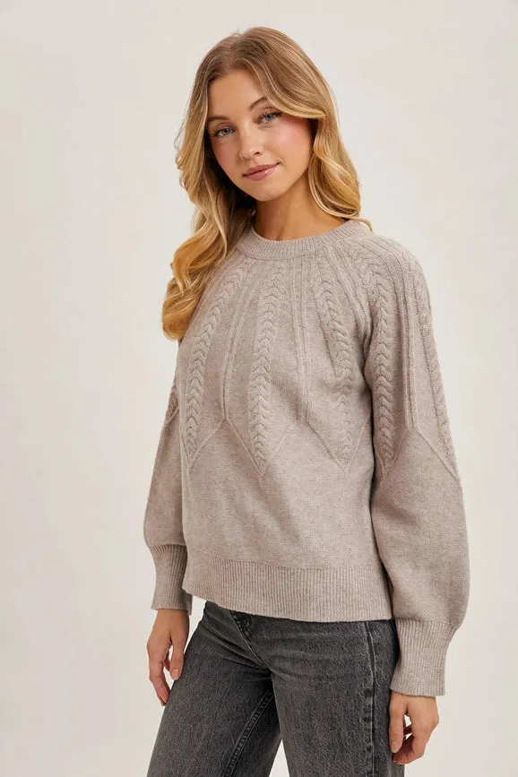 Long Sleeve Crew Neck Cable Knit Sweater MUSHROOM