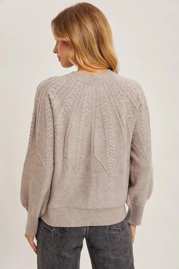 Long Sleeve Crew Neck Cable Knit Sweater MUSHROOM