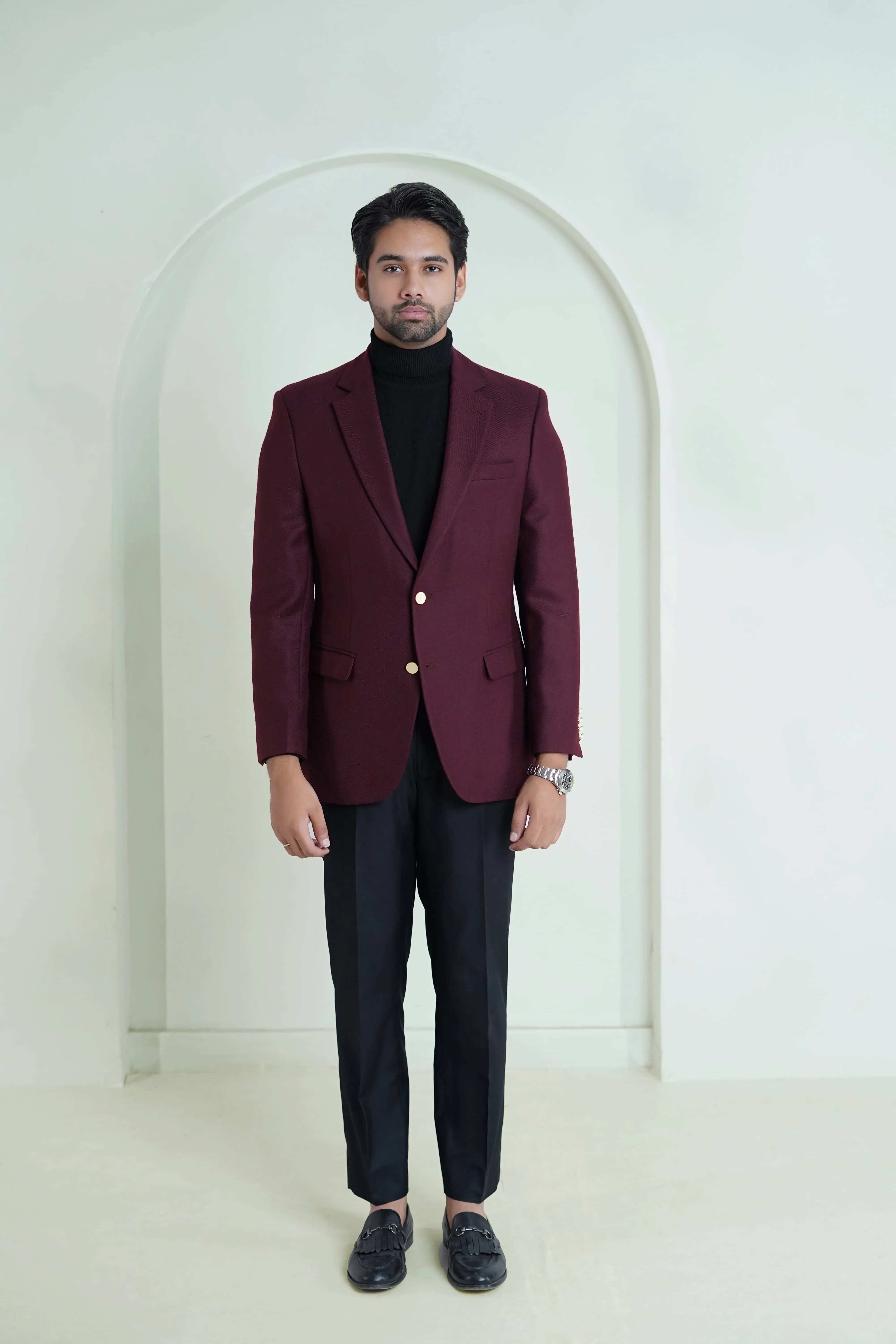 Maroon Plain Worsted Tweed Classic Blazer