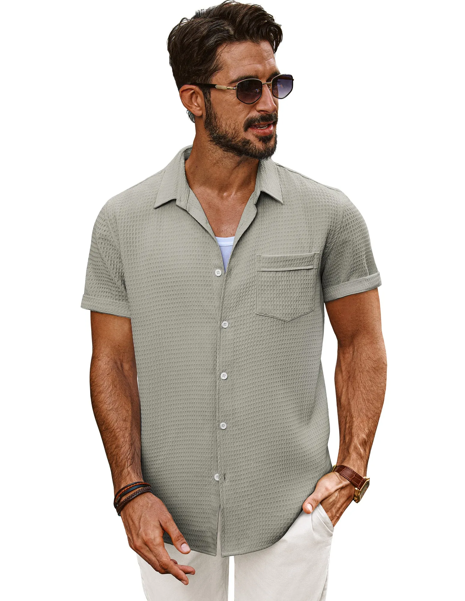 Men Textured Fabric Shirt Casual Short Sleeve Lapel Collar Button-up Tops