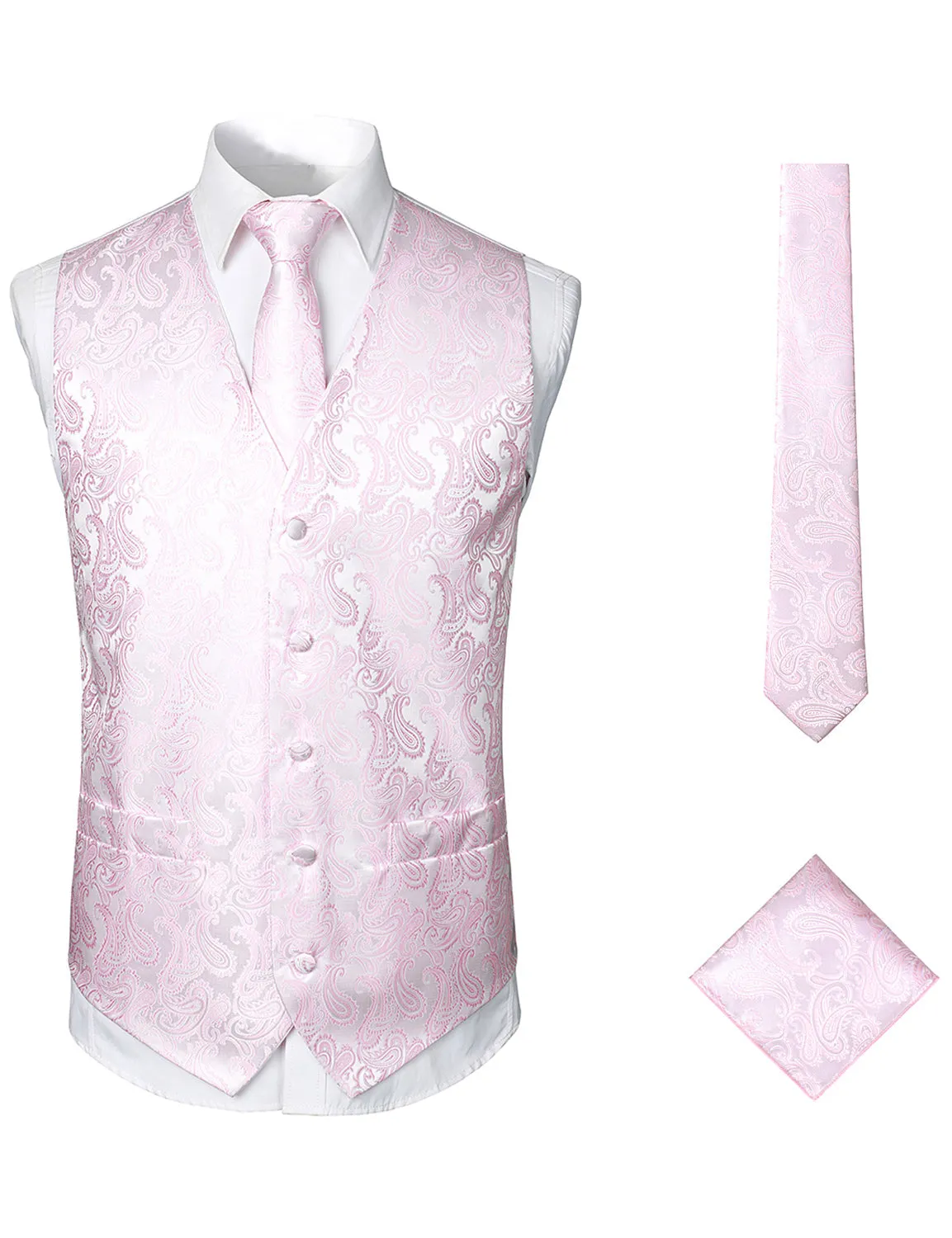 Men's 3pc Jacquard Paisley Vest & Tie Set Classic Necktie Pocket Square Waistcoat for Suit or Tuxedo