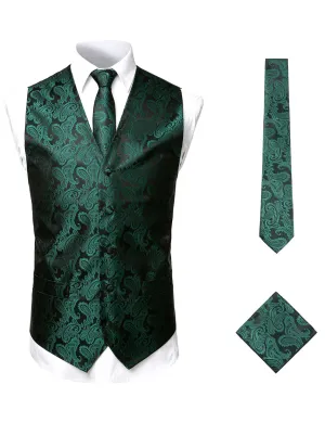 Men's 3pc Jacquard Paisley Vest & Tie Set Classic Necktie Pocket Square Waistcoat for Suit or Tuxedo