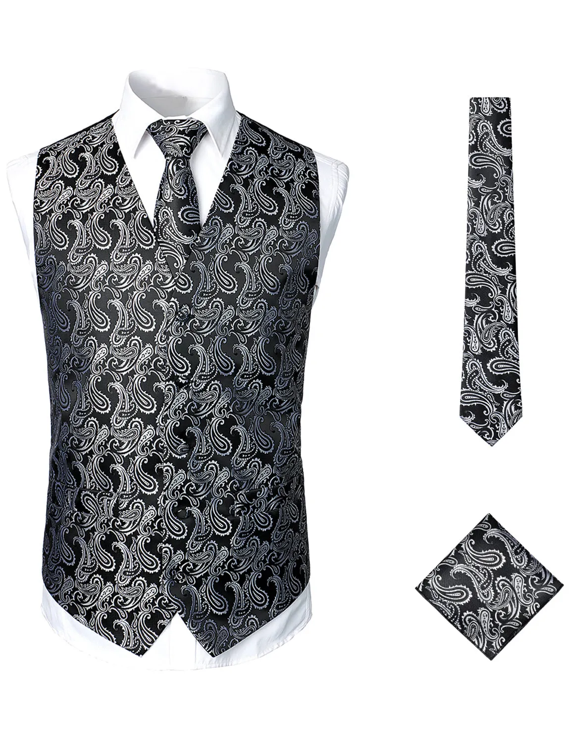 Men's 3pc Jacquard Paisley Vest & Tie Set Classic Necktie Pocket Square Waistcoat for Suit or Tuxedo