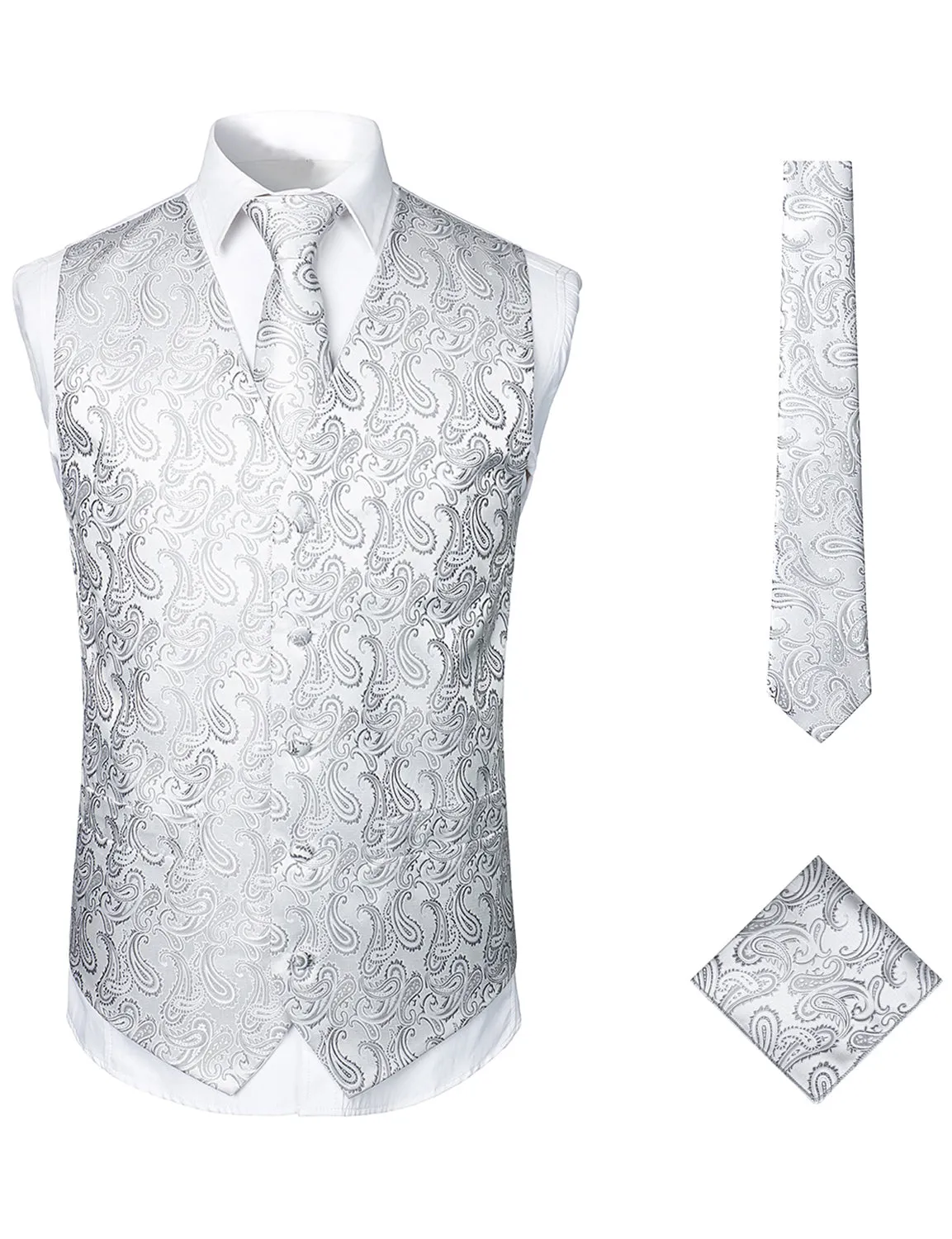 Men's 3pc Jacquard Paisley Vest & Tie Set Classic Necktie Pocket Square Waistcoat for Suit or Tuxedo