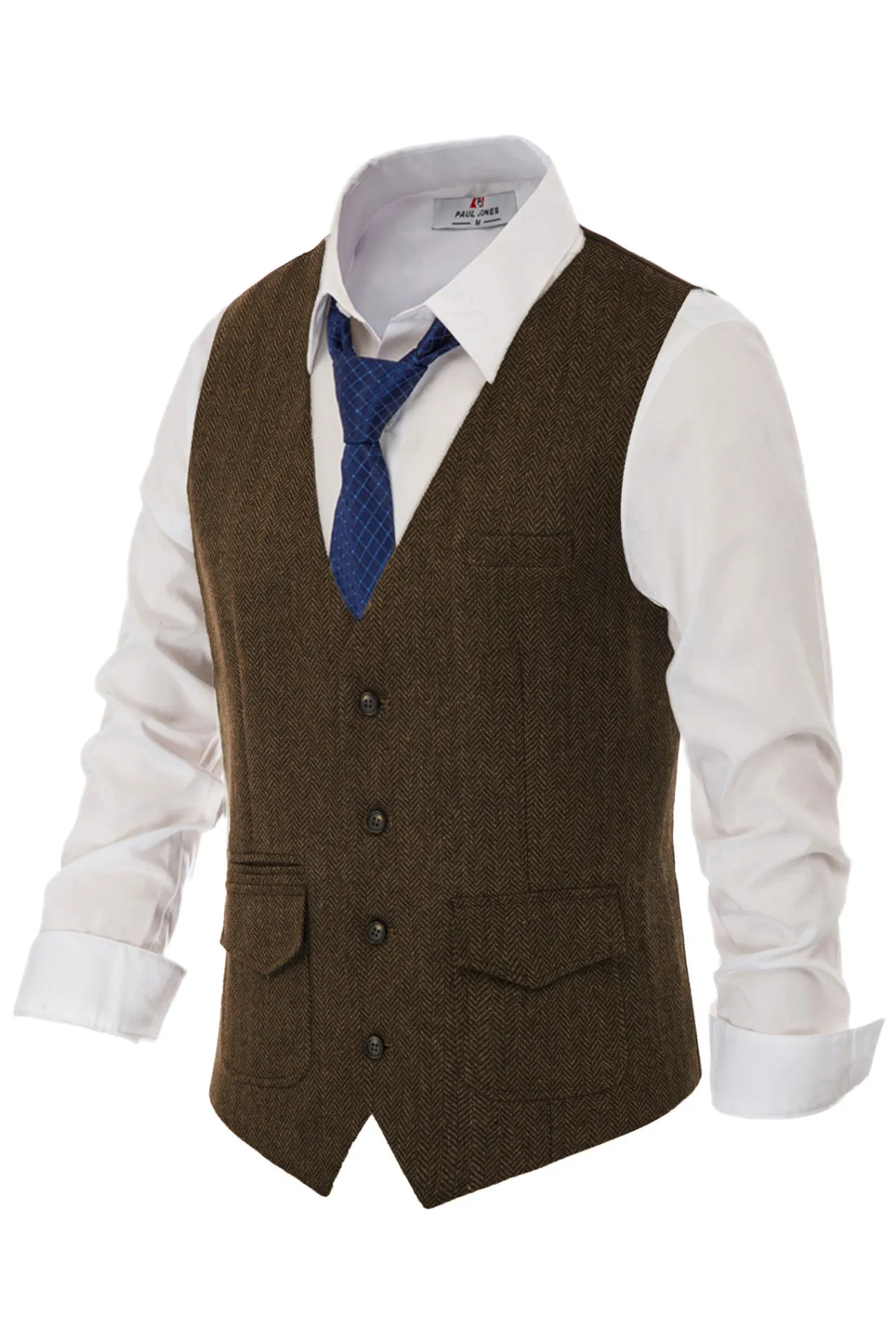 Men's British Herringbone Tweed Vest Casual Wool Blend Waistcoat with Pockets