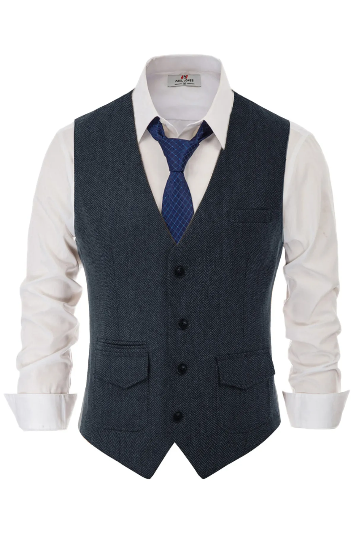 Men's British Herringbone Tweed Vest Casual Wool Blend Waistcoat with Pockets