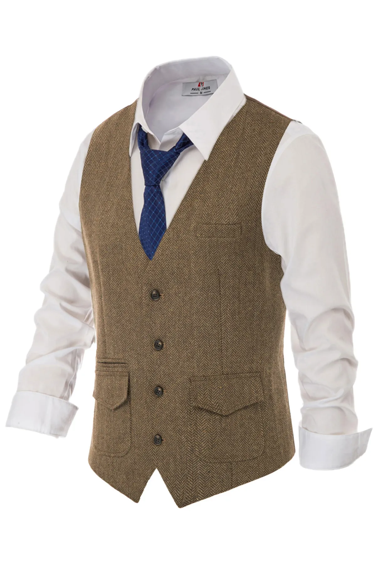 Men's British Herringbone Tweed Vest Casual Wool Blend Waistcoat with Pockets