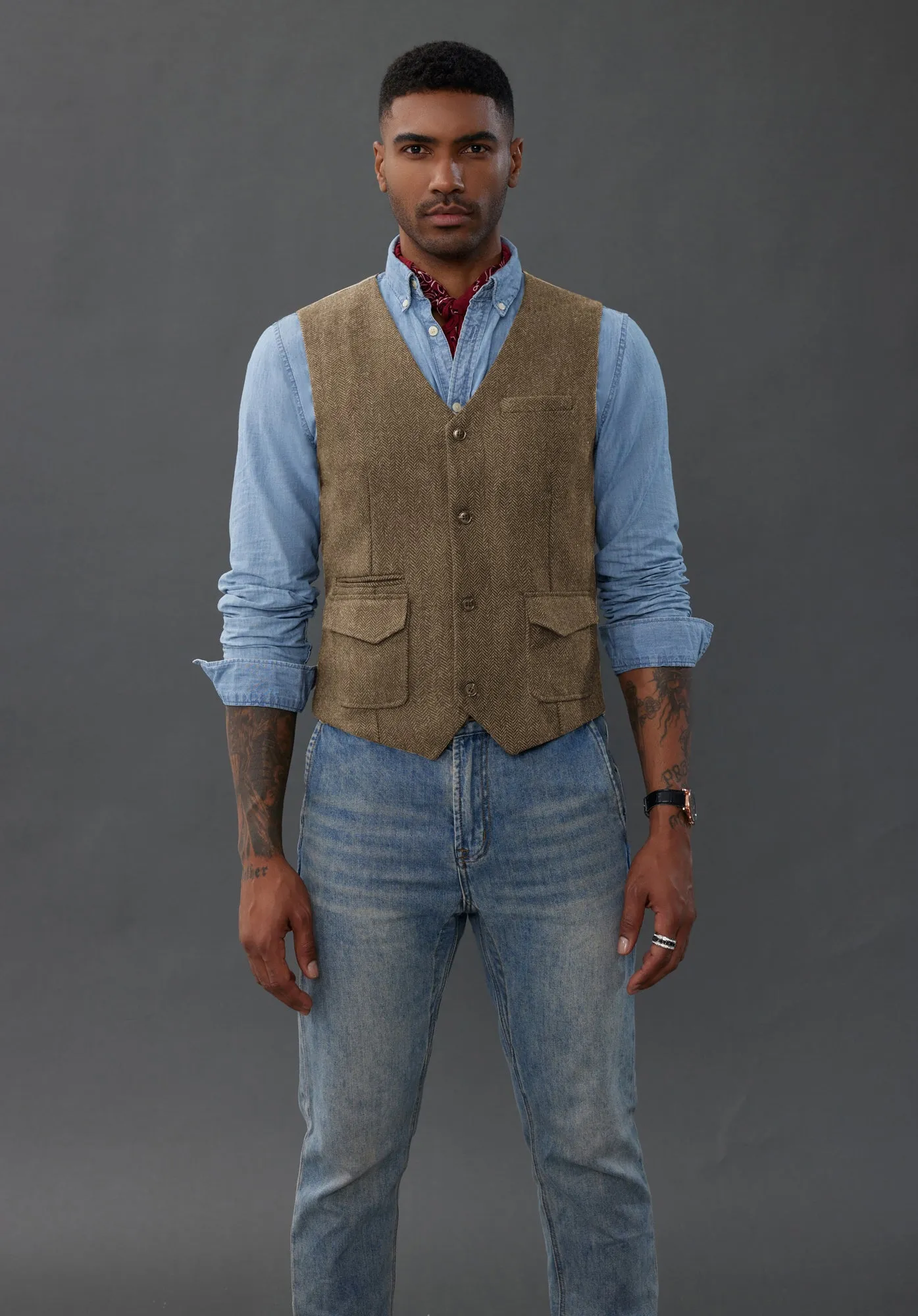 Men's British Herringbone Tweed Vest Casual Wool Blend Waistcoat with Pockets