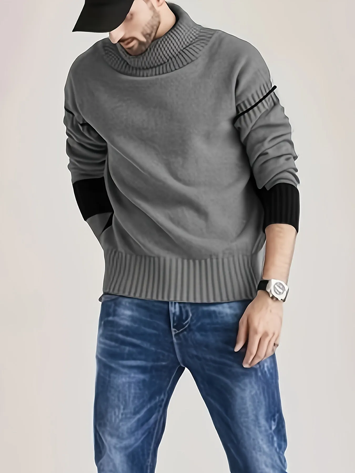 Men's Casual Grey Striped Knitted Turtleneck Sweater | Ideal for Autumn/Winter