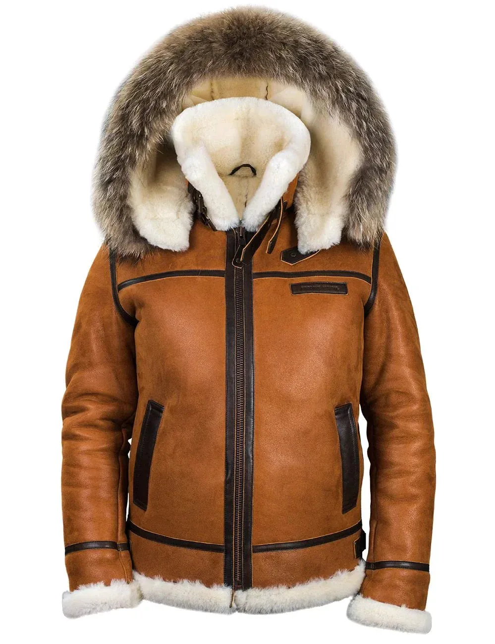 Men's Elegant Warm Brown Vegan Leather Winter Jacket with Fur Hood