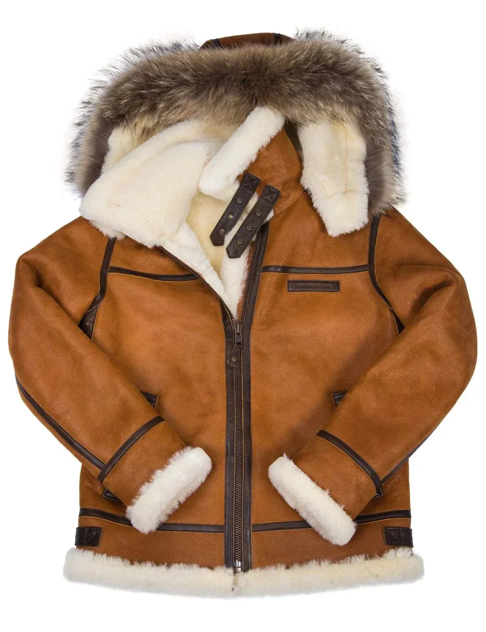 Men's Elegant Warm Brown Vegan Leather Winter Jacket with Fur Hood