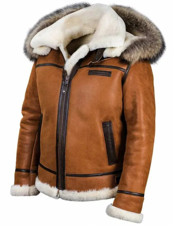 Men's Elegant Warm Brown Vegan Leather Winter Jacket with Fur Hood