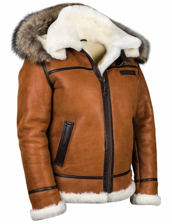 Men's Elegant Warm Brown Vegan Leather Winter Jacket with Fur Hood