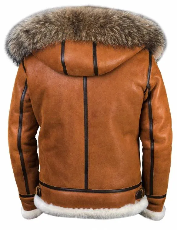 Men's Elegant Warm Brown Vegan Leather Winter Jacket with Fur Hood