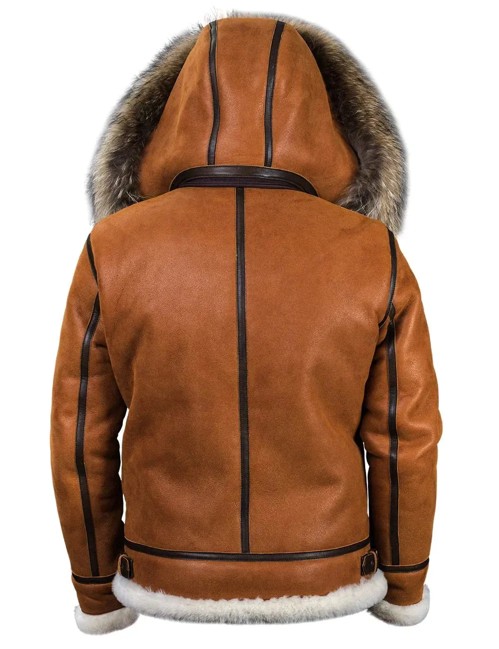 Men's Elegant Warm Brown Vegan Leather Winter Jacket with Fur Hood