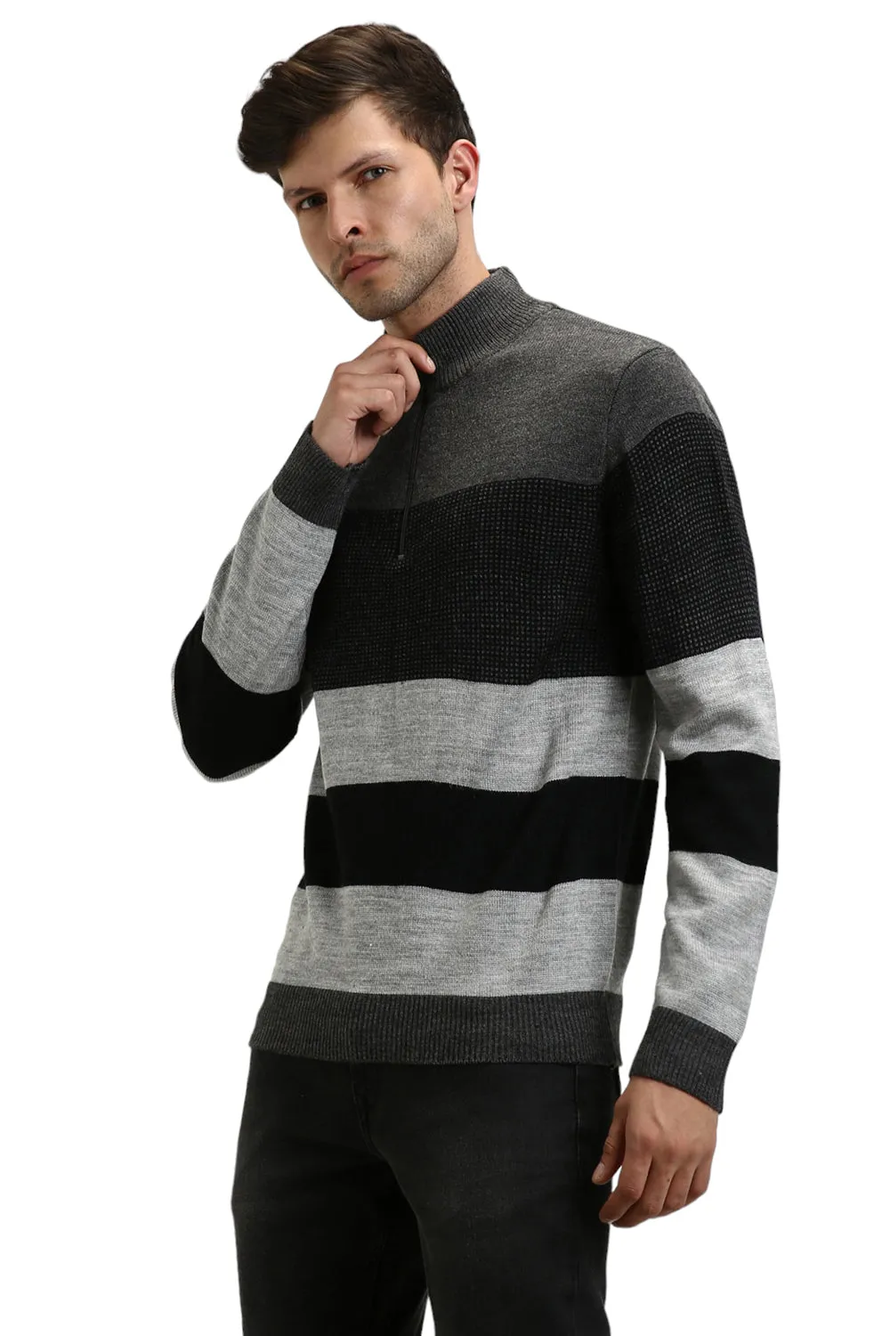 Men's Mock Regular Fit Striper Anthra Mel Sweater