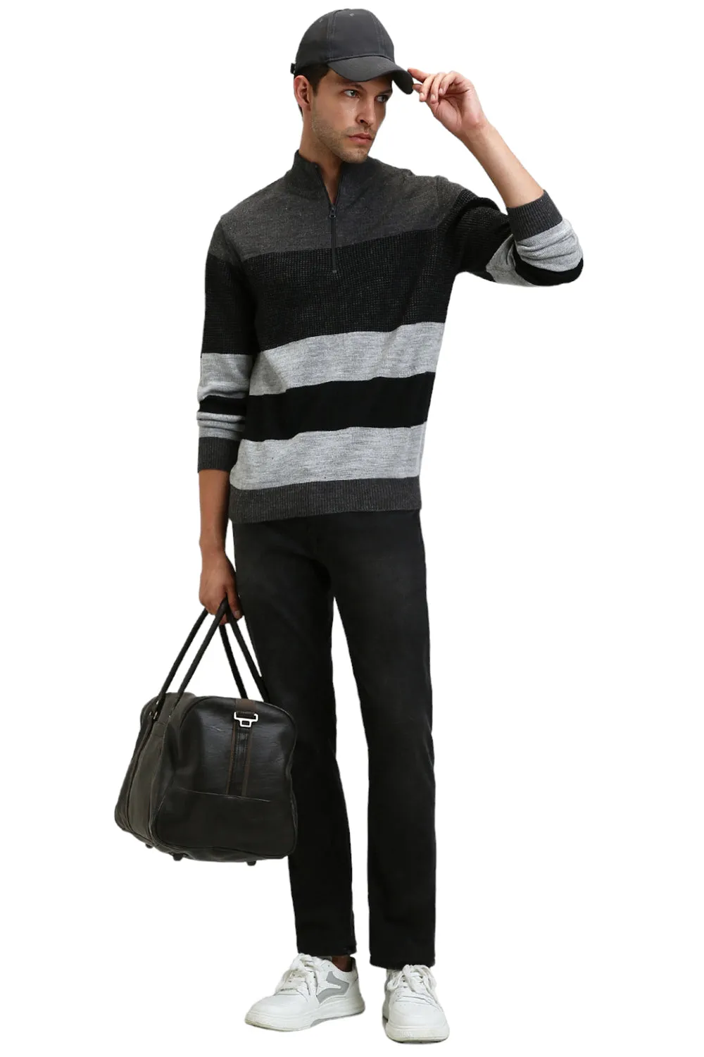 Men's Mock Regular Fit Striper Anthra Mel Sweater