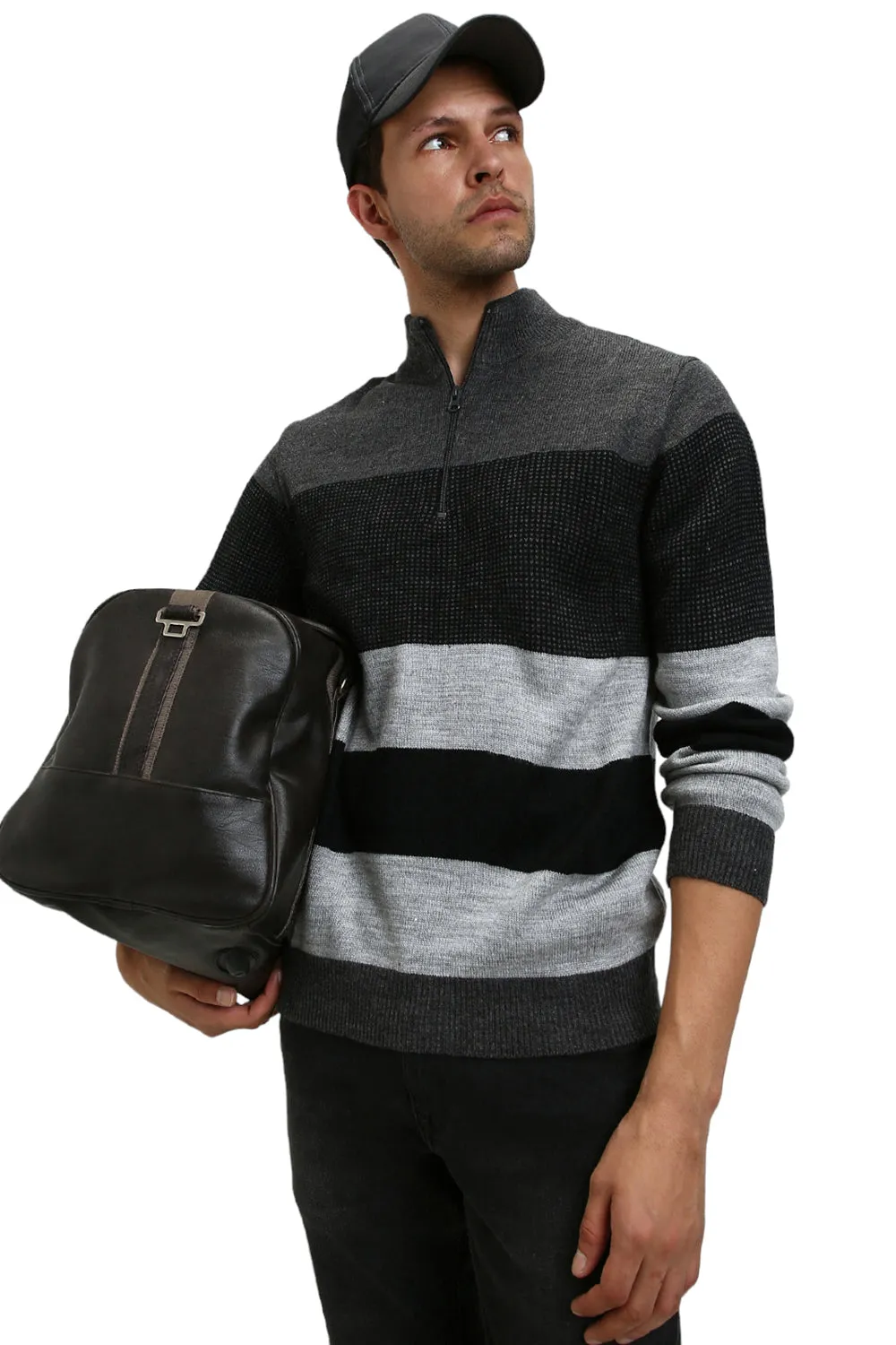 Men's Mock Regular Fit Striper Anthra Mel Sweater