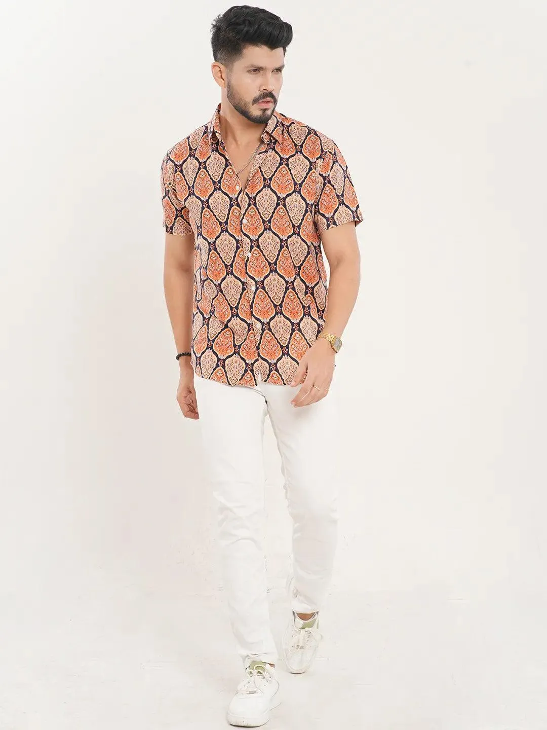 Men's Short Sleeve Shirt in Coral Orange Decorative Leaf Printed