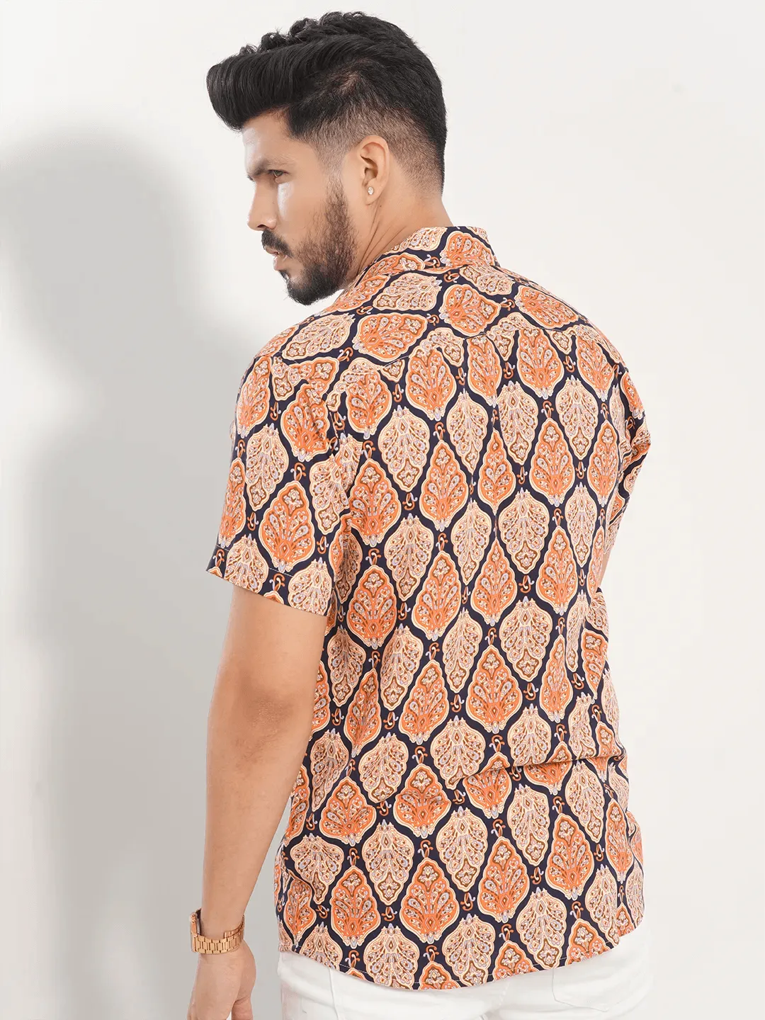 Men's Short Sleeve Shirt in Coral Orange Decorative Leaf Printed