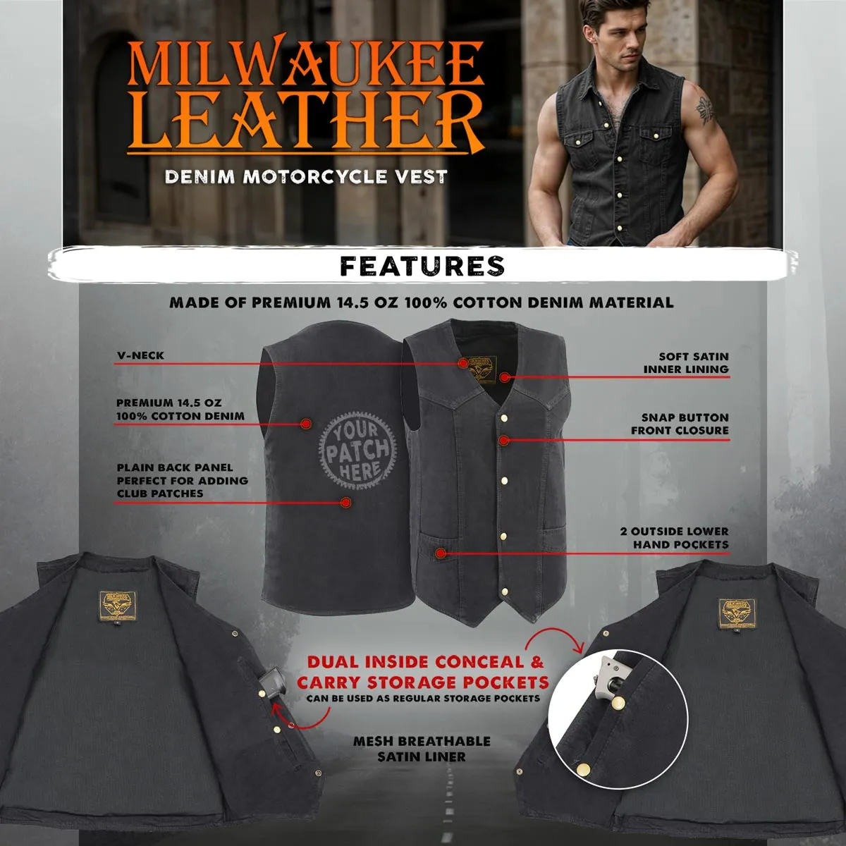 Milwaukee Leather DM1310 Men's Black Classic Denim Western Style Cowboy Biker Vest w/ Snap Button Closure