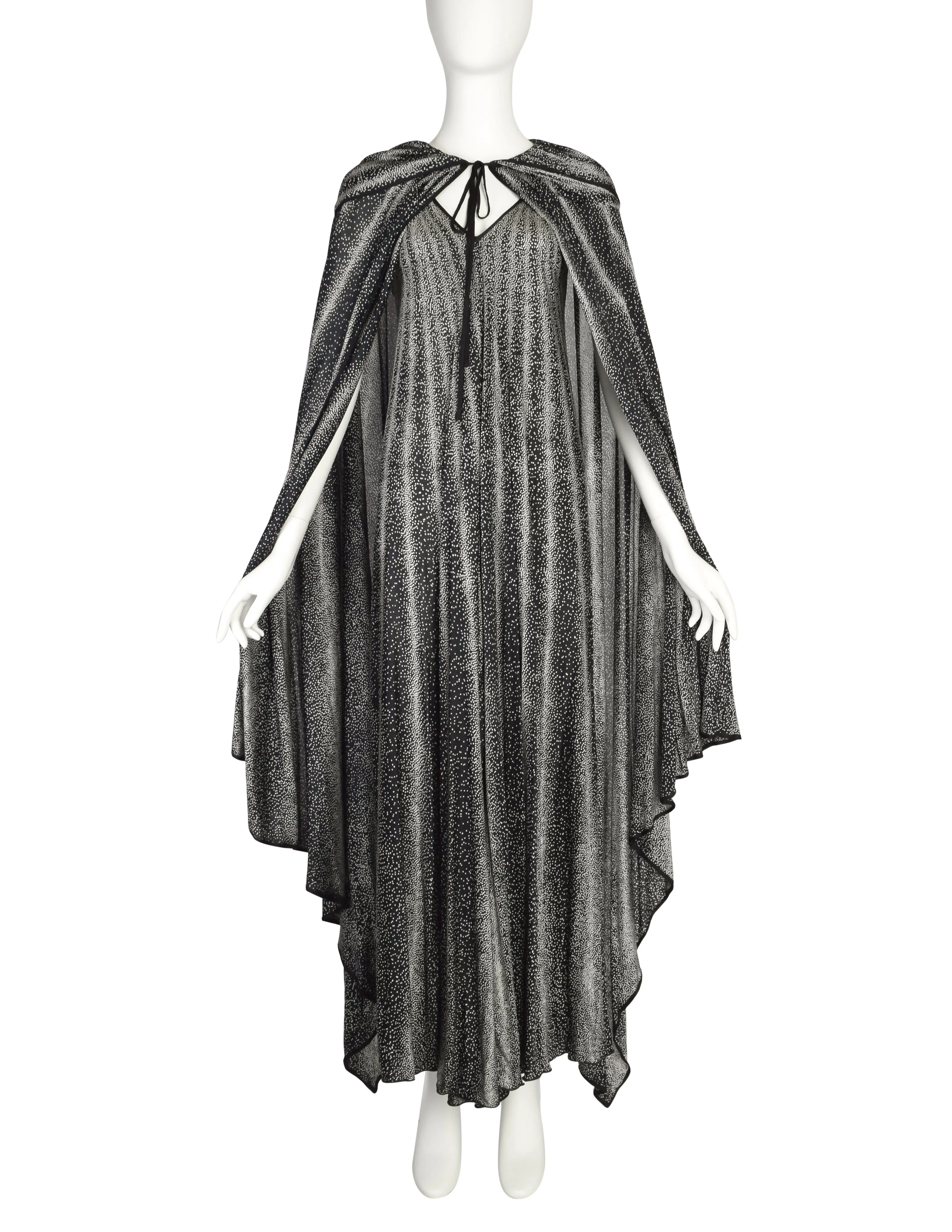 Missoni Vintage 1976 'Satellite' Black White Pointillism Dot Print Silk Jersey Dress and Hooded Cape Ensemble Set