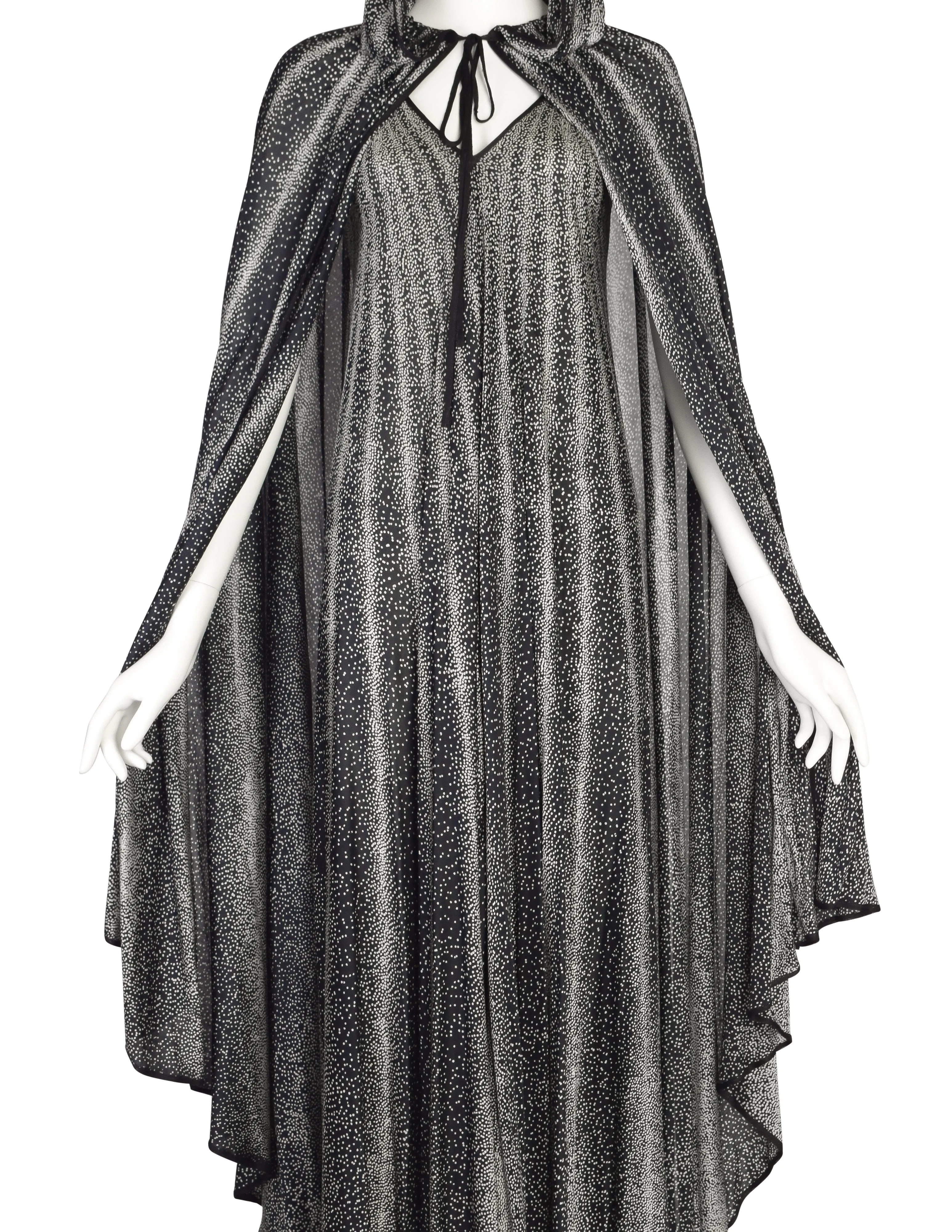 Missoni Vintage 1976 'Satellite' Black White Pointillism Dot Print Silk Jersey Dress and Hooded Cape Ensemble Set