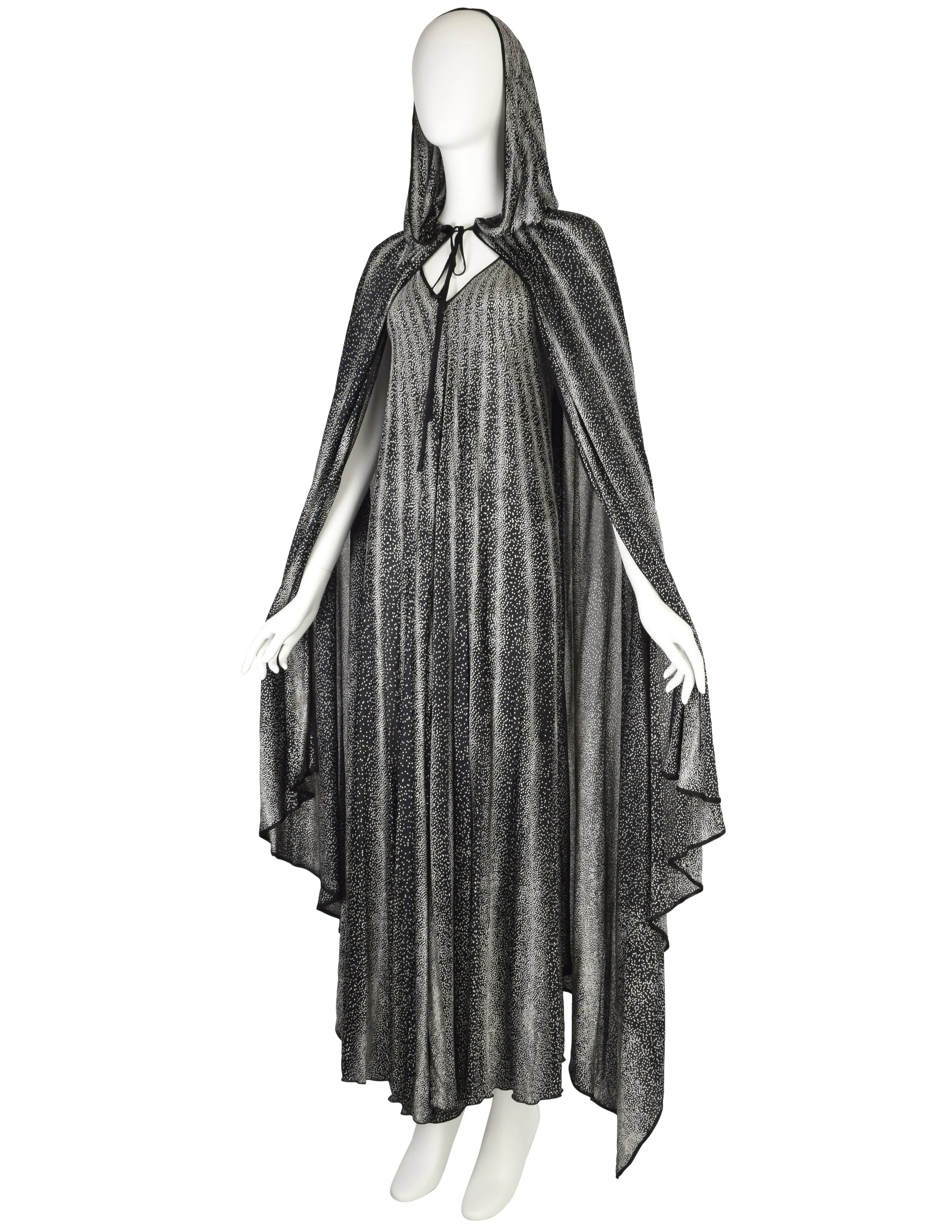 Missoni Vintage 1976 'Satellite' Black White Pointillism Dot Print Silk Jersey Dress and Hooded Cape Ensemble Set