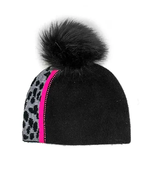 Mitchie's Matchings | Knit Hat with Leopard & Bright Stripe with Crystals & Fox Fur Pom | Women's