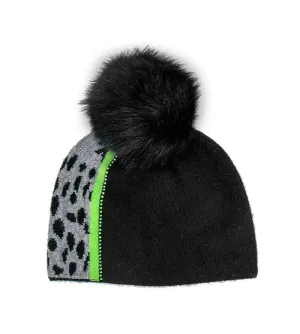 Mitchie's Matchings | Knit Hat with Leopard & Bright Stripe with Crystals & Fox Fur Pom | Women's