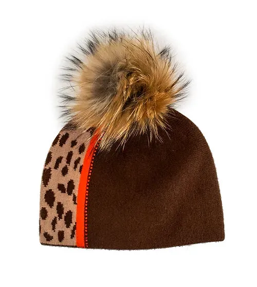 Mitchie's Matchings | Knit Hat with Leopard & Bright Stripe with Crystals & Fox Fur Pom | Women's