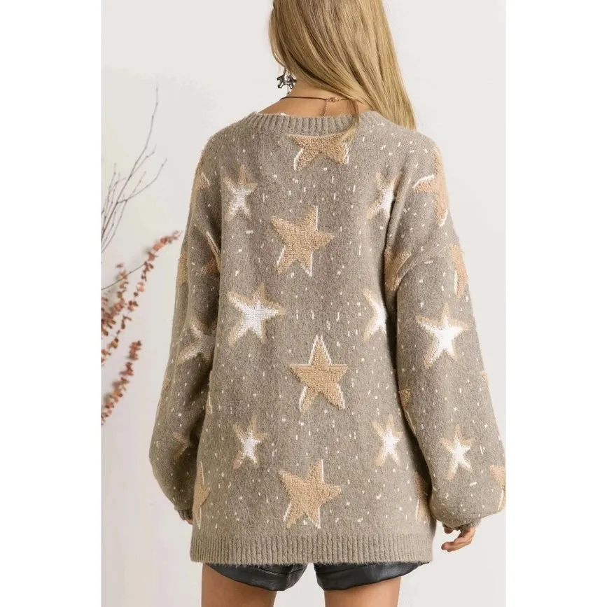 Multi Textured Star Patterned Crew Neck Sweater MOCHA