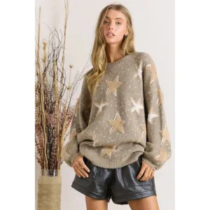 Multi Textured Star Patterned Crew Neck Sweater MOCHA