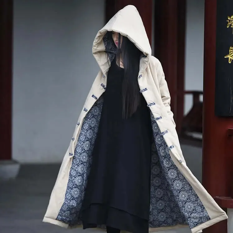 Mystical Enchantress Linen Hooded Cotton Winter Coat