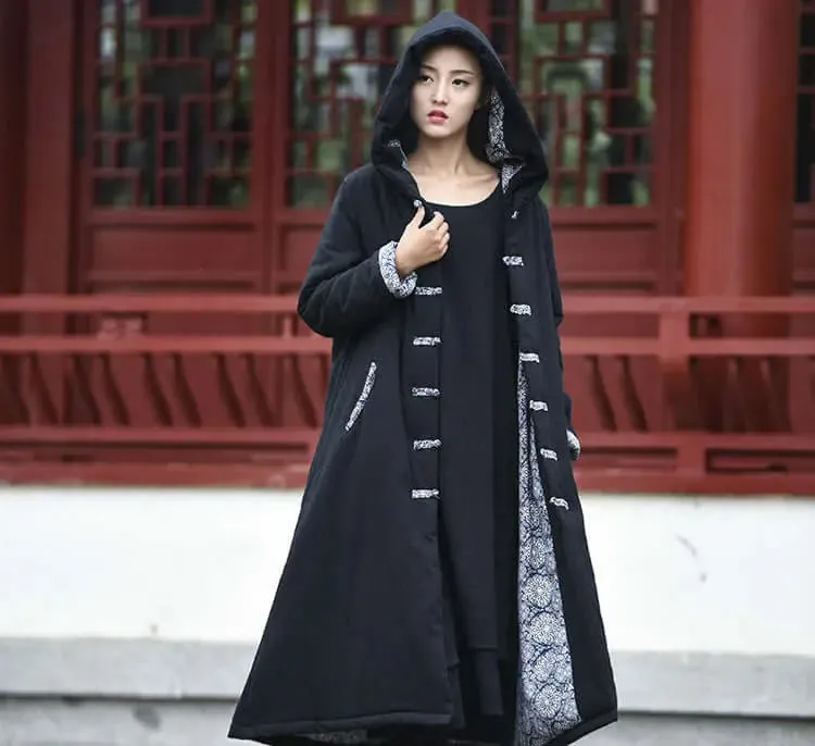 Mystical Enchantress Linen Hooded Cotton Winter Coat