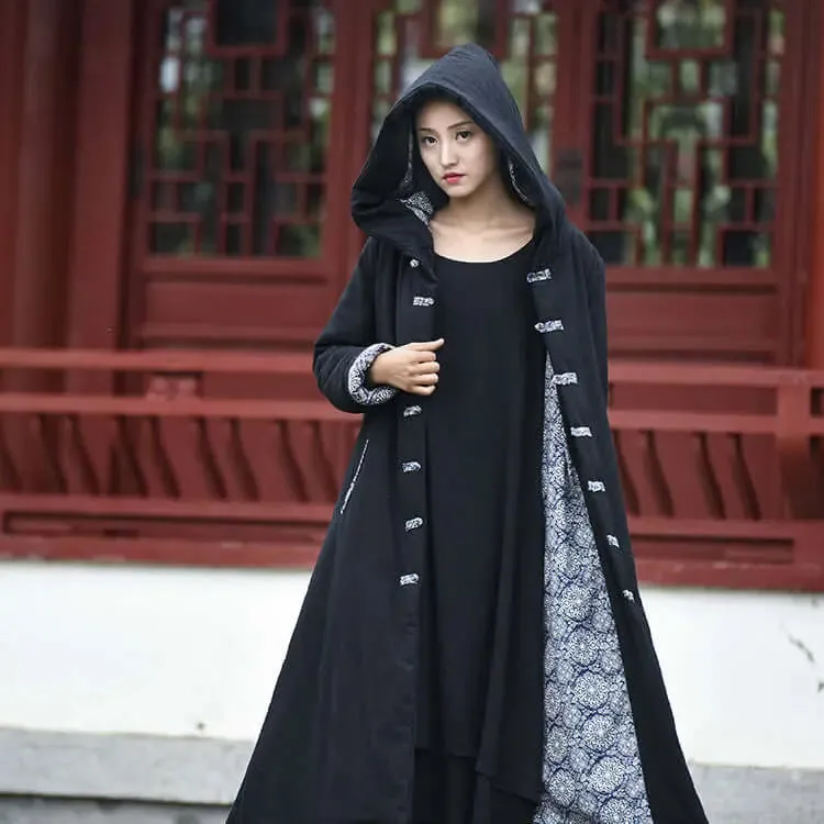 Mystical Enchantress Linen Hooded Cotton Winter Coat