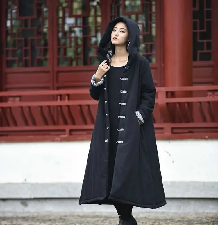 Mystical Enchantress Linen Hooded Cotton Winter Coat