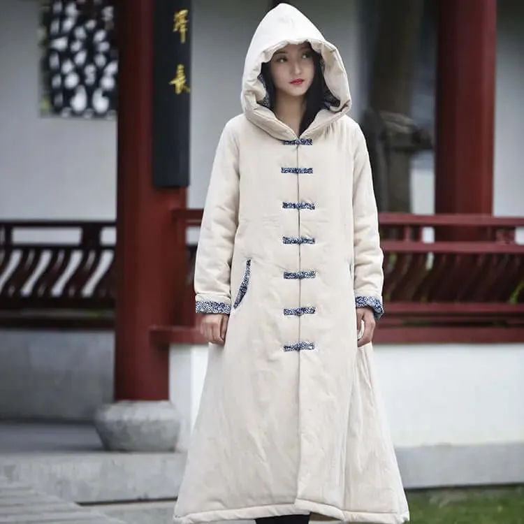 Mystical Enchantress Linen Hooded Cotton Winter Coat