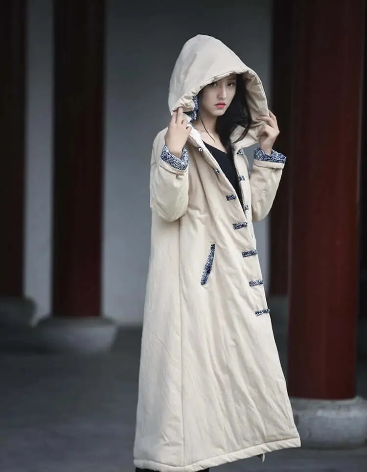 Mystical Enchantress Linen Hooded Cotton Winter Coat