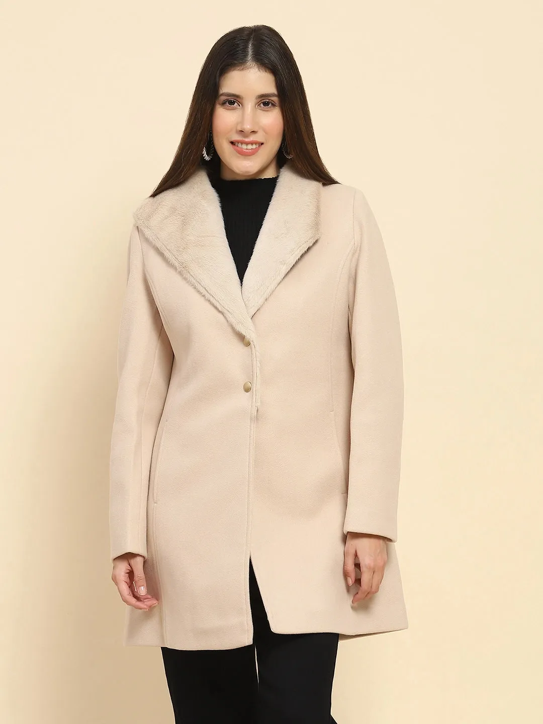 Nude Poly Blend Solid Regular Fit Long Coat For Winter