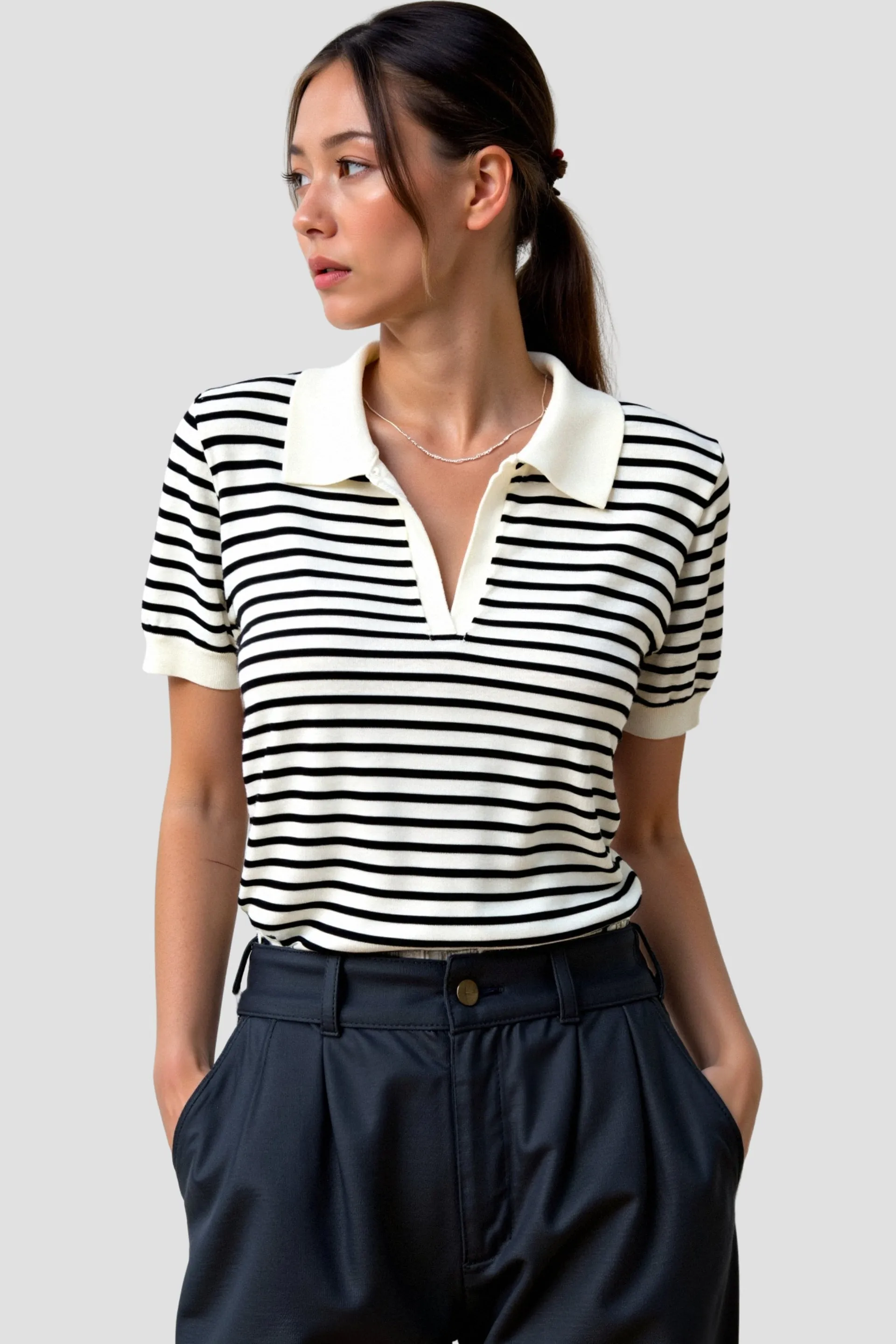 Old Money Versatile Striped Pattern Collared Top