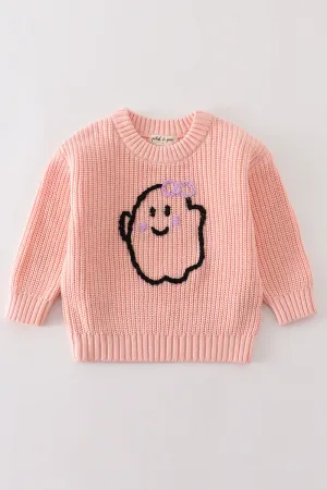 Pink hand-embroidery ghost pullover sweater