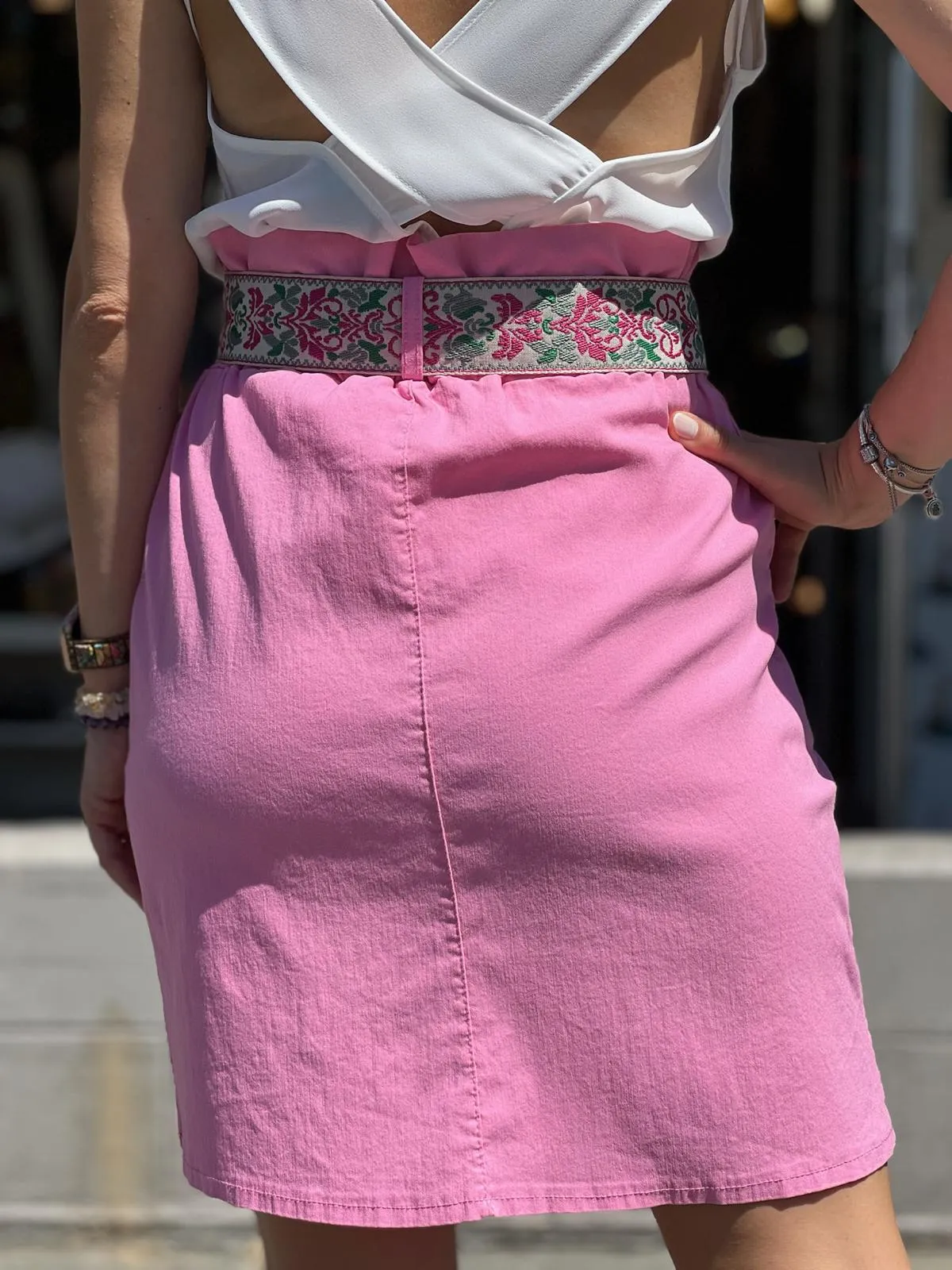 Pink Skirt With Lycra Belt Detail