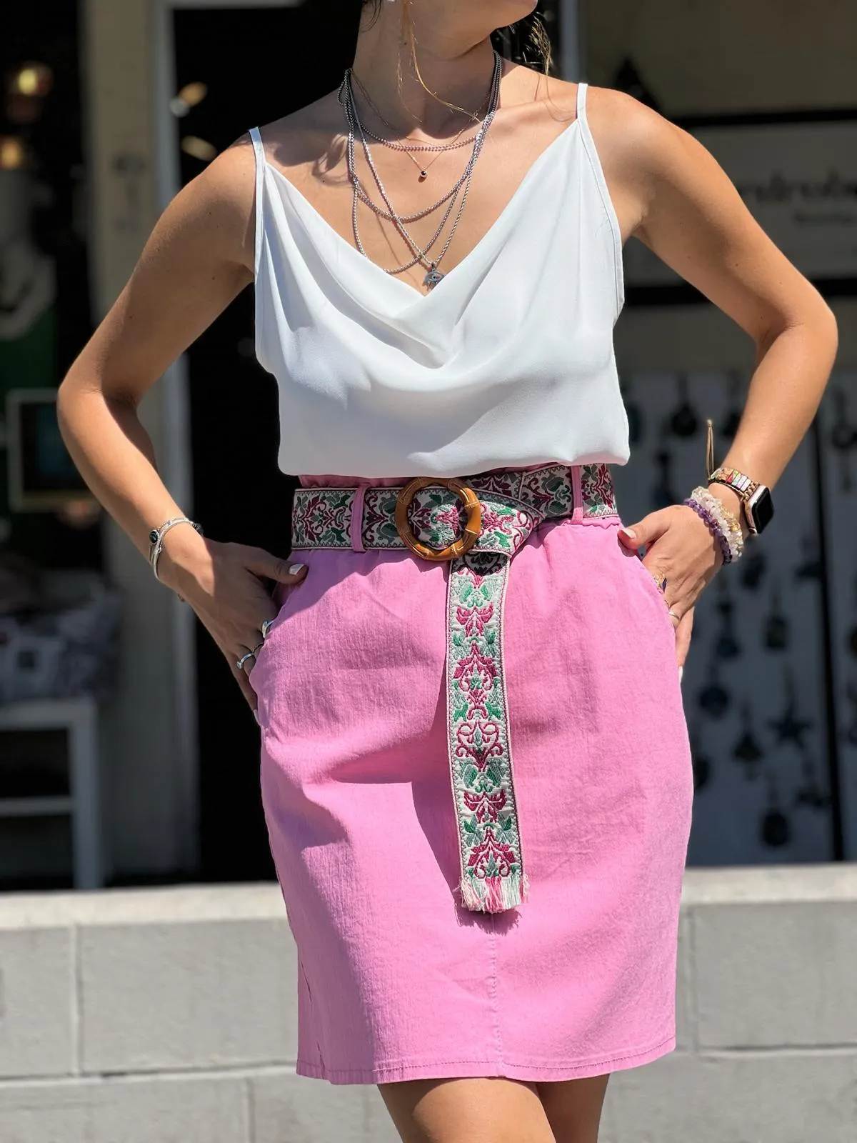 Pink Skirt With Lycra Belt Detail