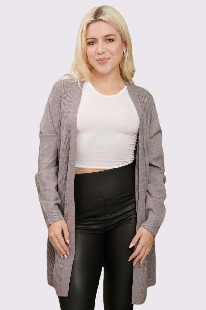 Plain Pocket Ribbed Open Front Soft Feel Cardigan