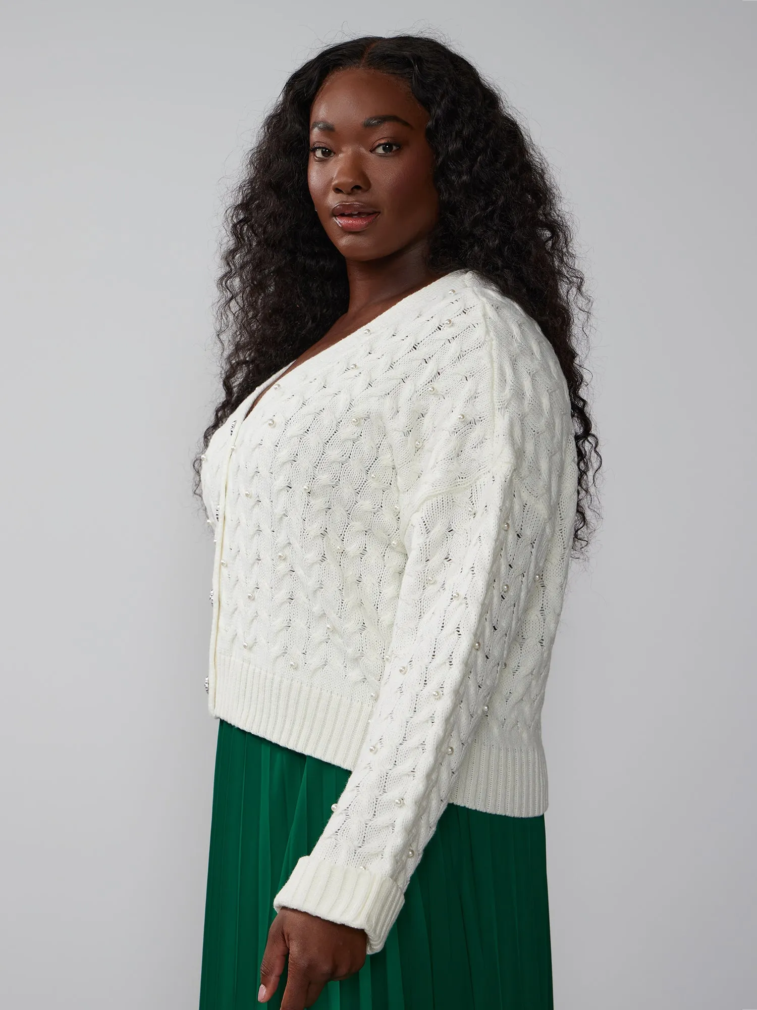 Plus Cable Knit Pearl Detail Cardigan