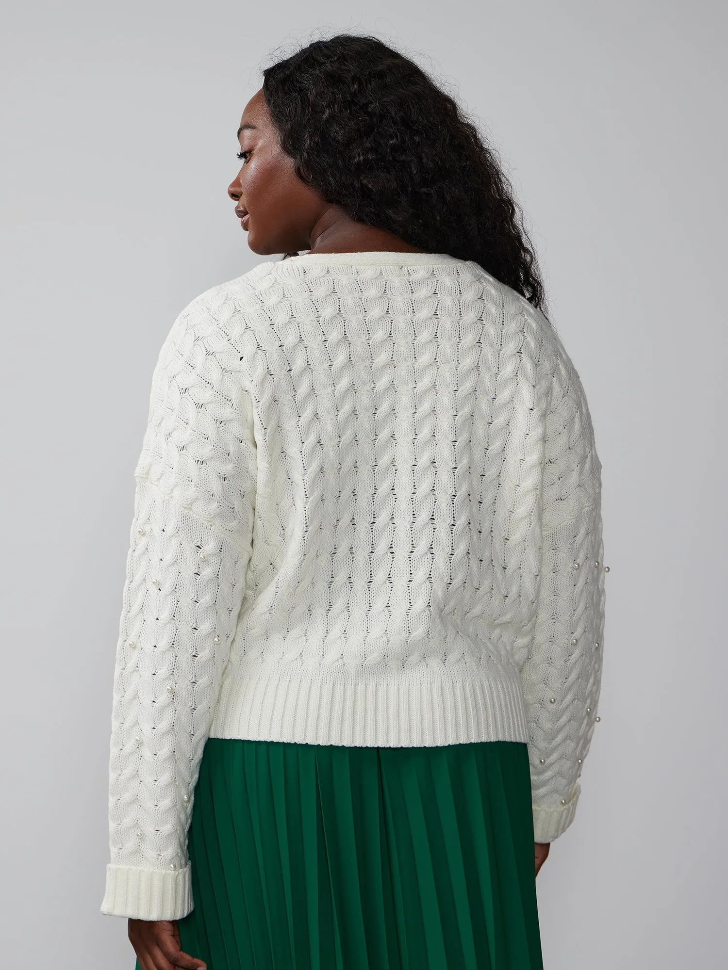 Plus Cable Knit Pearl Detail Cardigan